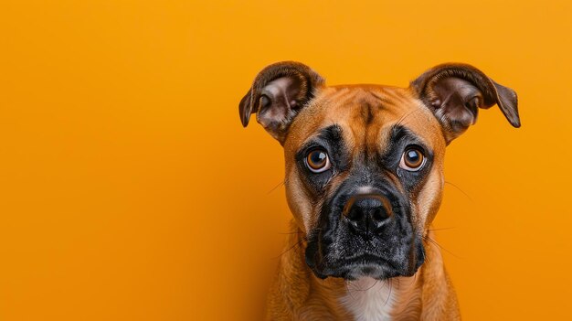 A studio shot of a brown boxer dog looking at the camera with a curious expression on its face