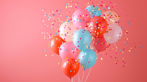 Студийный снимок кучки разноцветных воздушных шаров с золотыми конфетами на розовом фоне