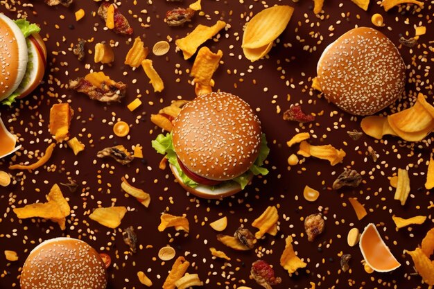 Studio shot a of burger over crumbs with a black background