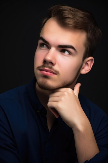 Studio shot of a confident young man holding his chin and looking thoughtful