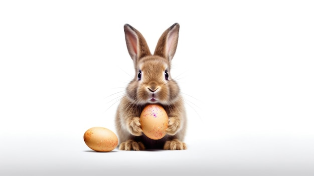 Студийный снимок милого кролика с пасхальными яйцами на белом фоне