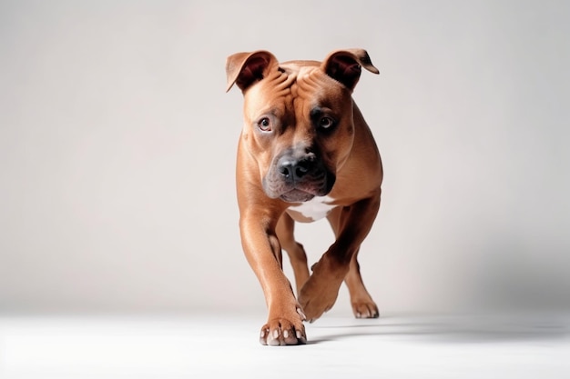 Студийный снимок милого собаки американского стаффордширского терьера, бегущего в изоляции на белом фоне