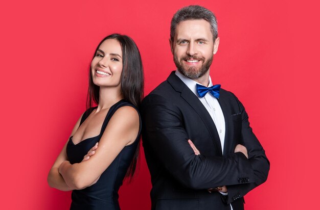 Studio shot of glad formal tuxedo couple elegant couple wear formal tuxedo formal tuxedo couple