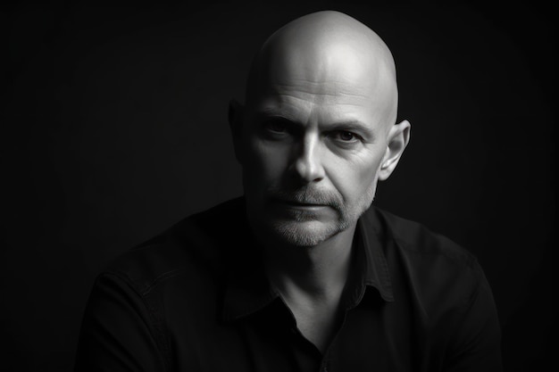 Studio shot of handsome bald man wearing black shirt against gray background in black and white