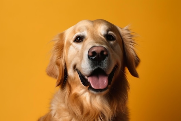 Studio shot of a happy smiling golden retriever dog with a yellow background and an eye that blinks