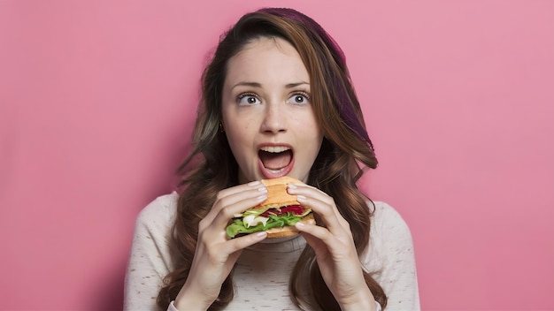 Studio shot of hungry woman with sandwich