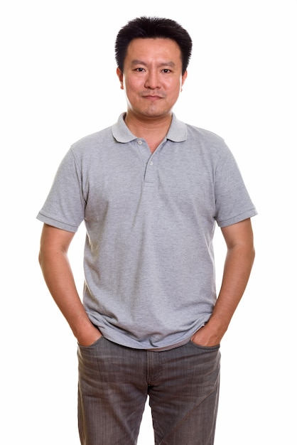 Studio shot of Japanese man isolated against white background