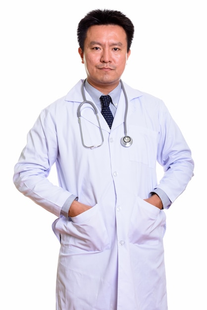 Studio shot of Japanese man isolated against white background