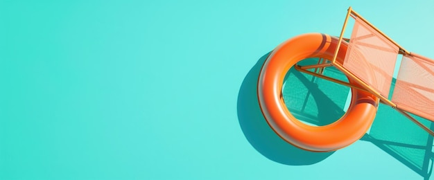 Photo studio shot of lifebuoy ring with beach chair isolated on blue background