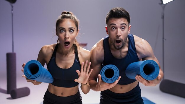 Фото Студийный снимок спортивной женщины и мужчины, держащих коврики для йоги, шокированные и глядящие прямо в камеру.