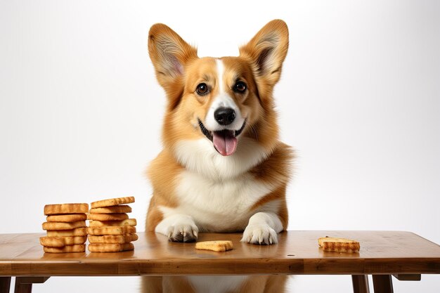 Studio shot of a Pembroke Welsh corgi getting a treat on white background