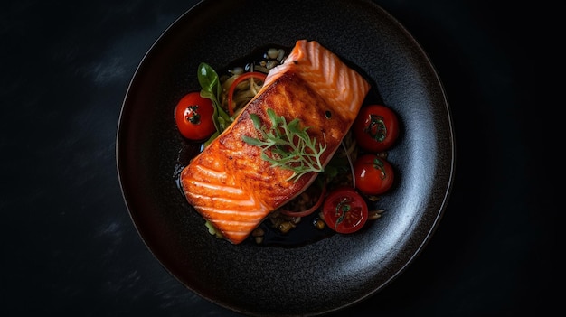 A studio shot of Plate with boiled salmon fillet generative ai