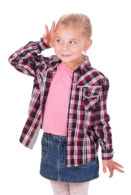 Studio shot portrait of thoughtful little girl who is eavesdropping Copy space on white background