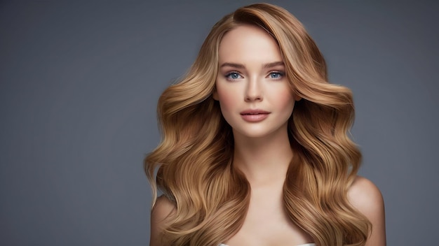 Studio shot of pretty light haired beautiful woman has luxurious hair