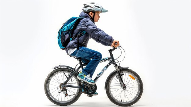 Photo studio shot of a schoolboy with a helmet and a blue backpack riding a bike isolated on white background