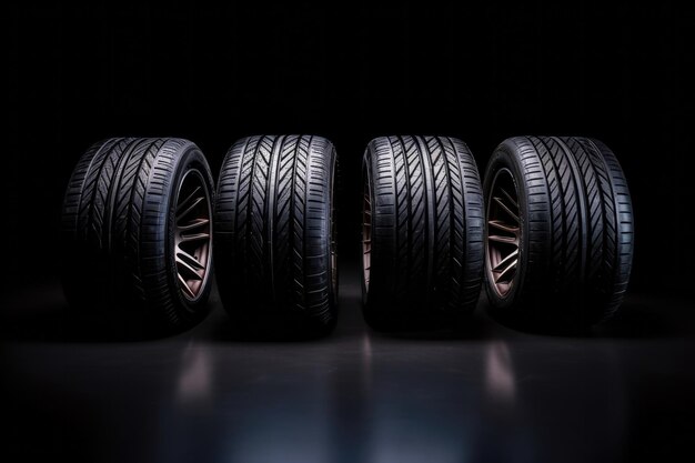 Studio shot of a set of summer fuel efficient car tires on black background Contrasty lighting