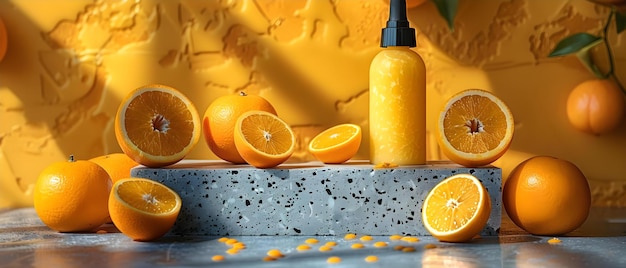 Photo studio shot of skincare product on stone podium with oranges concept skincare products studio photography stone podium oranges beauty rituals