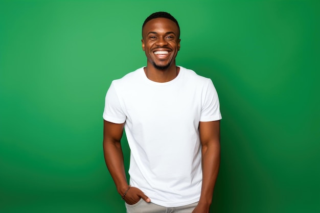 Studio shot of a smiling African American man with white tshirt against green background