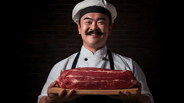 Studio shot smiling face looking at camera of a mustachioed butcher holding an appropriately sized block of Japanese Wagyu beef