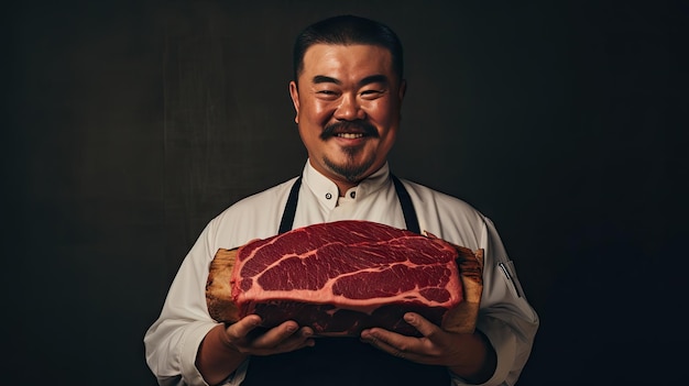Студийный снимок улыбающегося лица, смотрящего в камеру усысточенного мясника, держащего блок японской говядины Wagyu соответствующего размера