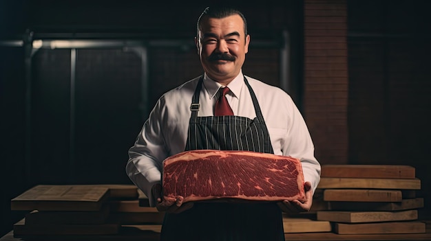 Photo studio shot smiling face looking at camera of a mustachioed butcher holding an appropriately sized block of japanese wagyu beef