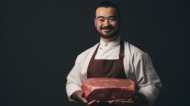 スタジアムでは適切なサイズの日本のワギュ牛肉のブロックを握っているひげの肉屋のカメラを見ている笑顔の顔を撮影しました