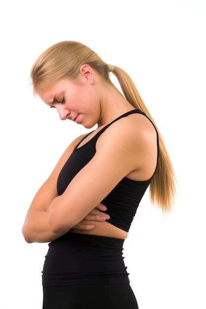 Студийный снимок спортивной молодой женщины, держащей свою сторону в боли на белом фоне