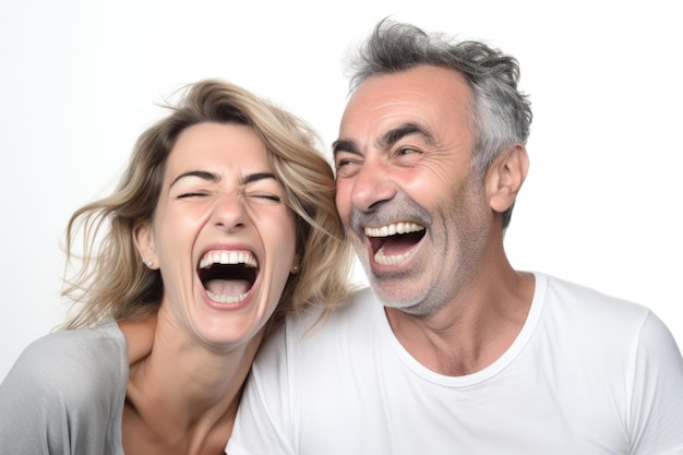 Photo studio shot of two smiling people having fun against a white background created with generative ai