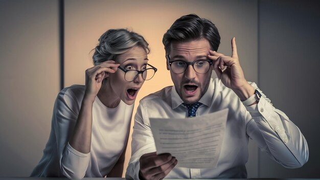 Photo studio shot of two surprised terrific woman and man look in bewilderment touch rim of spectacles