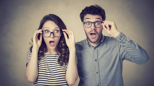 Photo studio shot of two surprised terrific woman and man look in bewilderment touch rim of spectacles