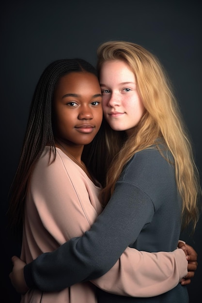 Photo studio shot of two young friends standing together against a gray background