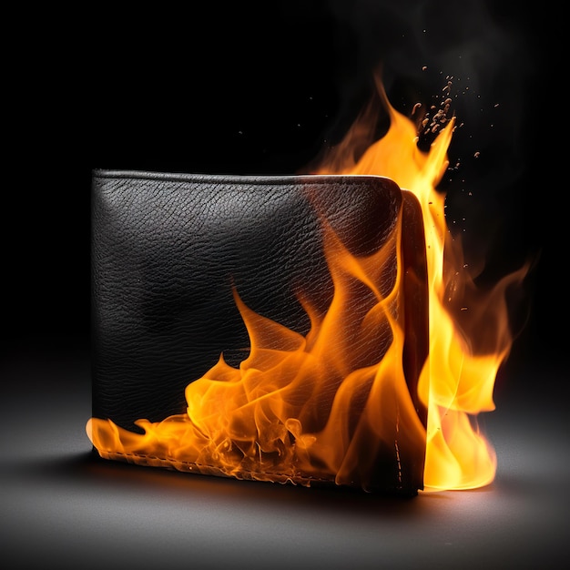 Studio shot van brandende leren portemonnee in vlammen Brandende portemonnee