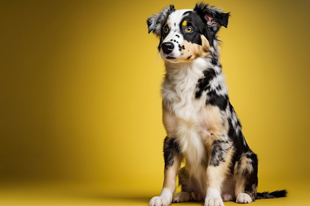 Studio Shot van een Australian Shepherd Dog op gele achtergrond