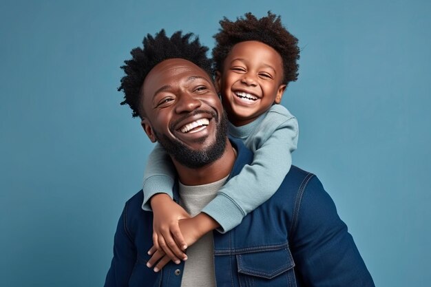 studio shot van gelukkige zwarte afro vader en zoon samen tegen een blauwe achtergrond