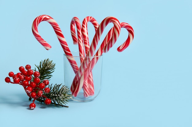 Studio shot van mooie minimalistische eenvoudige compositie met kerst lolly's in transparant glas en besneeuwde tak van dennen met rode bessen, hulst, op blauwe achtergrond met kopie ruimte voor advertentie