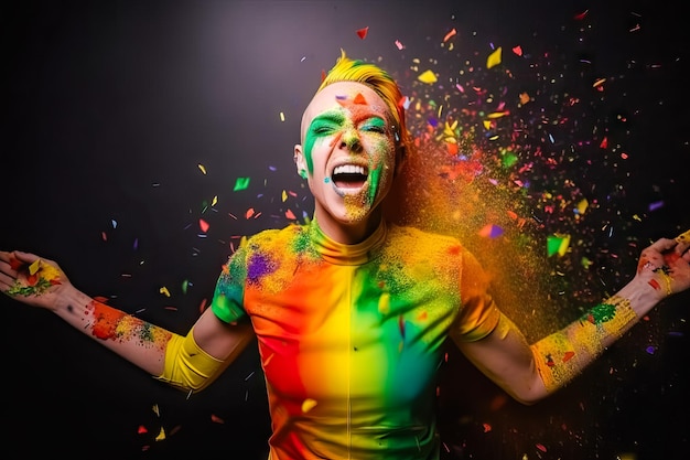 Studio shot van mooie vrouw met regenboogkleurige gezichtsmake-up schreeuwend met zwevende slingers en holipoeder op donkere achtergrond Party concept viering lgtbi lesbianAI gegenereerde afbeelding