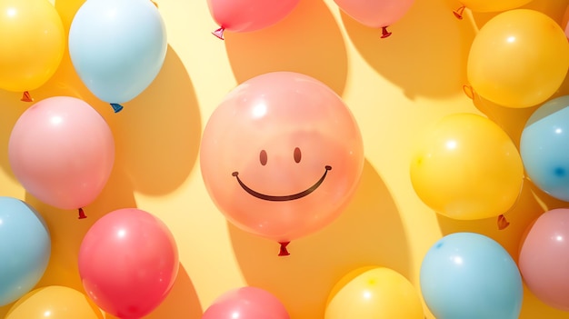 Photo a studio shot of a variety of balloons in pastel colors with a smiley face in the center