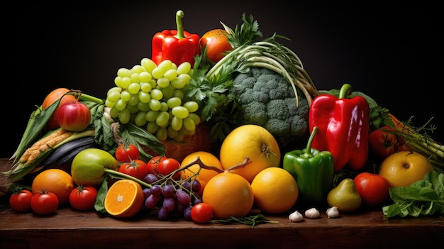 Studio shot of various fruits and vegetables isolated on black background Top view High resolution products