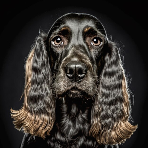 Studio shot with cute English cocker spaniel dog portrait with the curiosity and innocent look as concept of modern happy domestic pet in ravishing hyper realistic detail by Generative AI
