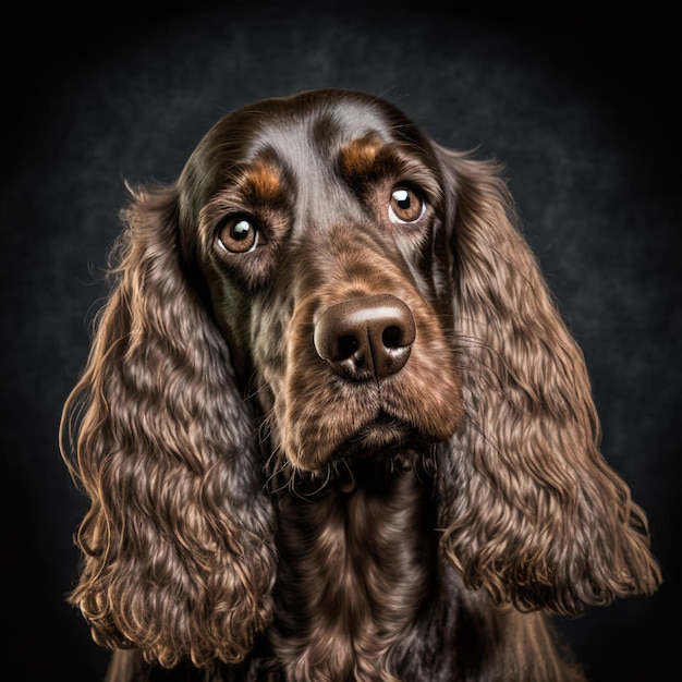 Photo studio shot with cute english cocker spaniel dog portrait with the curiosity and innocent look as concept of modern happy domestic pet in ravishing hyper realistic detail by generative ai