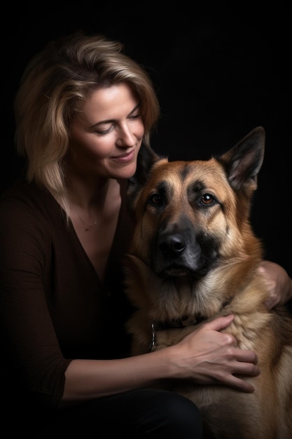 暗い背景の女性と彼女の犬のスタジオショット