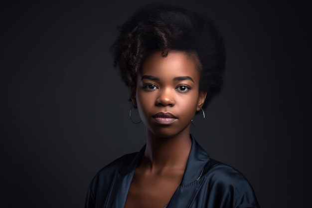 생성 인공 지능으로 만든 회색 배경에 대한 젊은 아프리카 계 미국인 여성의 스튜디오 샷