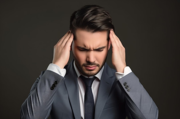 Studio shot of a young businessman holding his head in pain