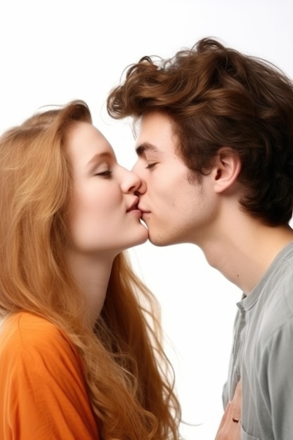 Photo studio shot of a young couple kissing against a white background