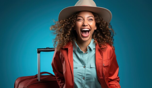 Photo studio shot of young curly girl tourist girl laughing happily red jacket blue background suitcase