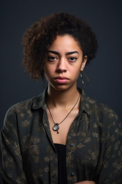 Studio shot of a young ethnic woman looking upset against a gray background