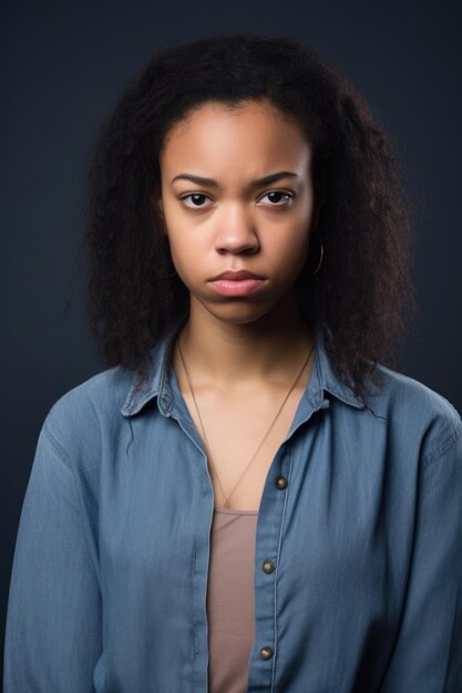 Studio shot of a young ethnic woman looking upset against a gray background