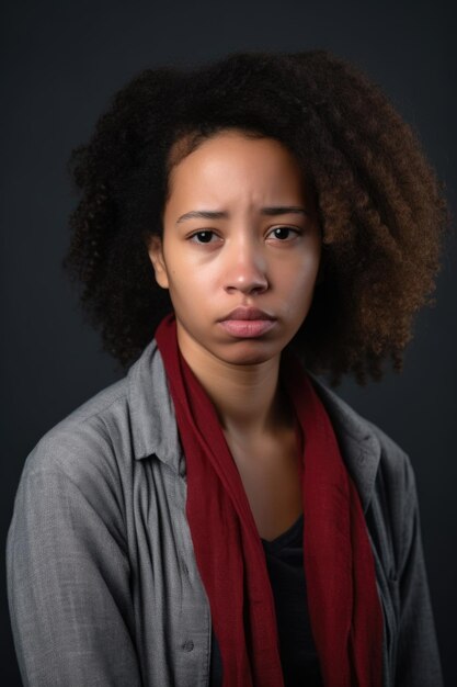 Studio shot of a young ethnic woman looking upset against a gray background