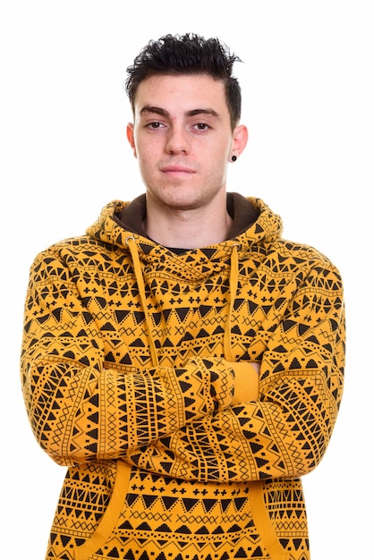 Studio shot of young handsome man isolated against white background