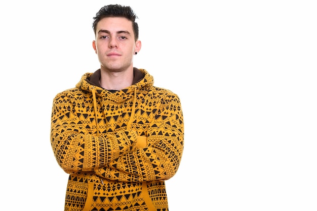 Studio shot of young handsome man isolated against white background